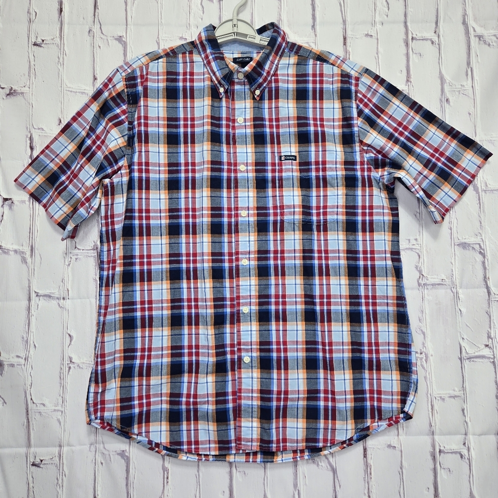 Chaps Button Up Short Sleeve Men's Sz Large Multicolor Plaid‎ Shirt Cotton Blend